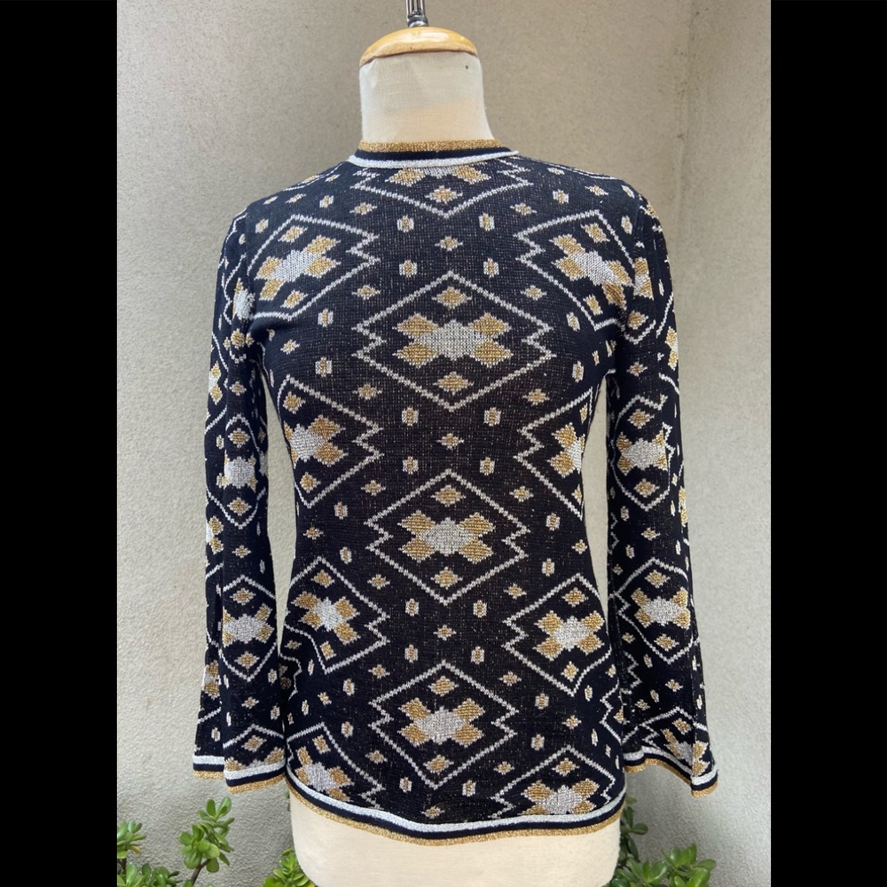 Vtg knit top glam metallic black hold silver small